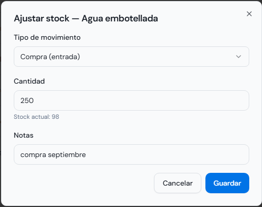 Entrada de inventario con tipo de movimiento, cantidad y nota de trazabilidad.