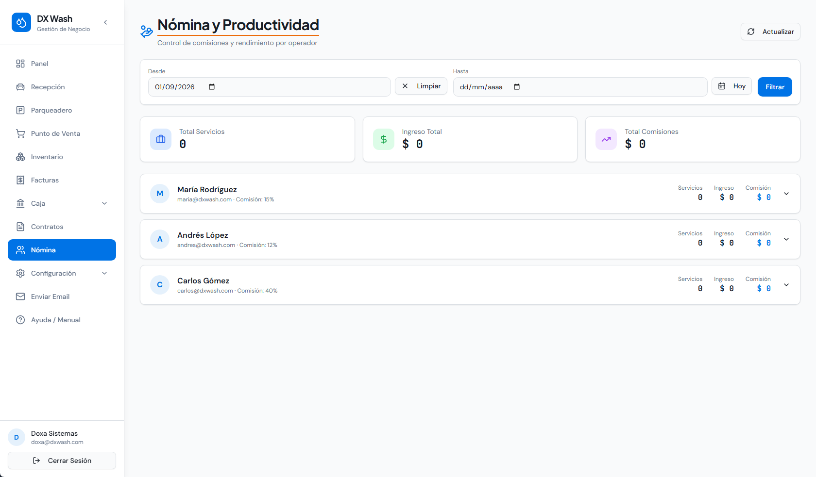Nómina y productividad por operador con servicios, ingresos y comisiones.
