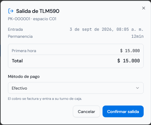 Resumen de permanencia, tarifa, total y método de pago antes de liberar el cupo.