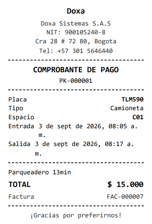 Tiquete de salida generado tras confirmar el cobro.